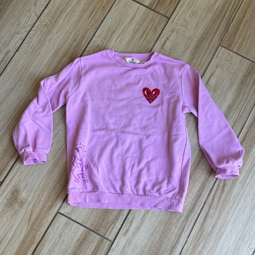 H&M Keith Haring 8/10 Kids Pink Sweatshirt with Red Heart Patch